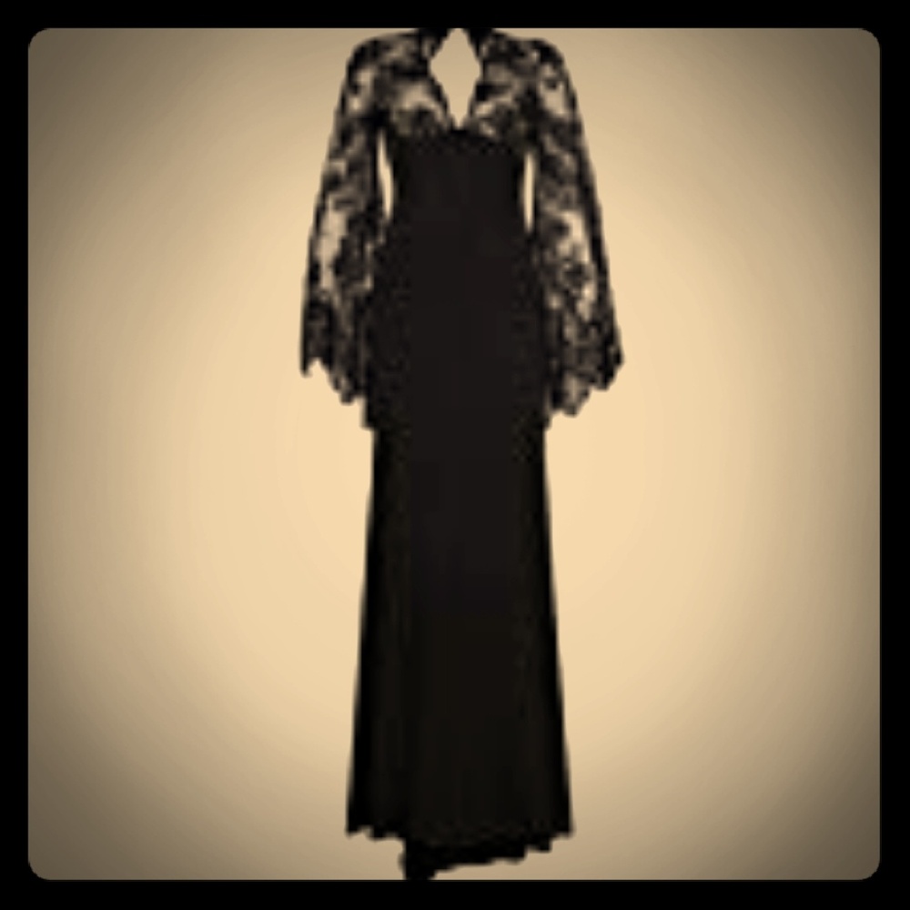 Lace bodice, sleeve, and open lace back dress.